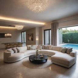 Modern interior of a villa living room with intricate accessories and dramatic lighting, featuring a close view of an elegant swimming pool.