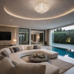 Modern interior of a villa living room with intricate accessories and dramatic lighting, featuring a close view of an elegant swimming pool.