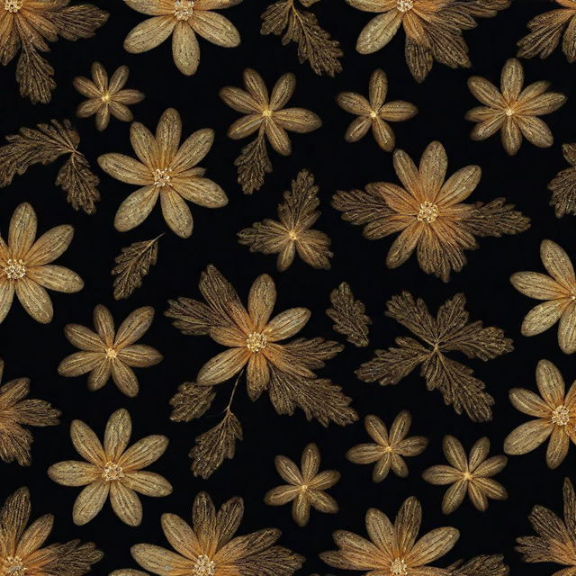 A gold pattern of glittering flowers on a black background