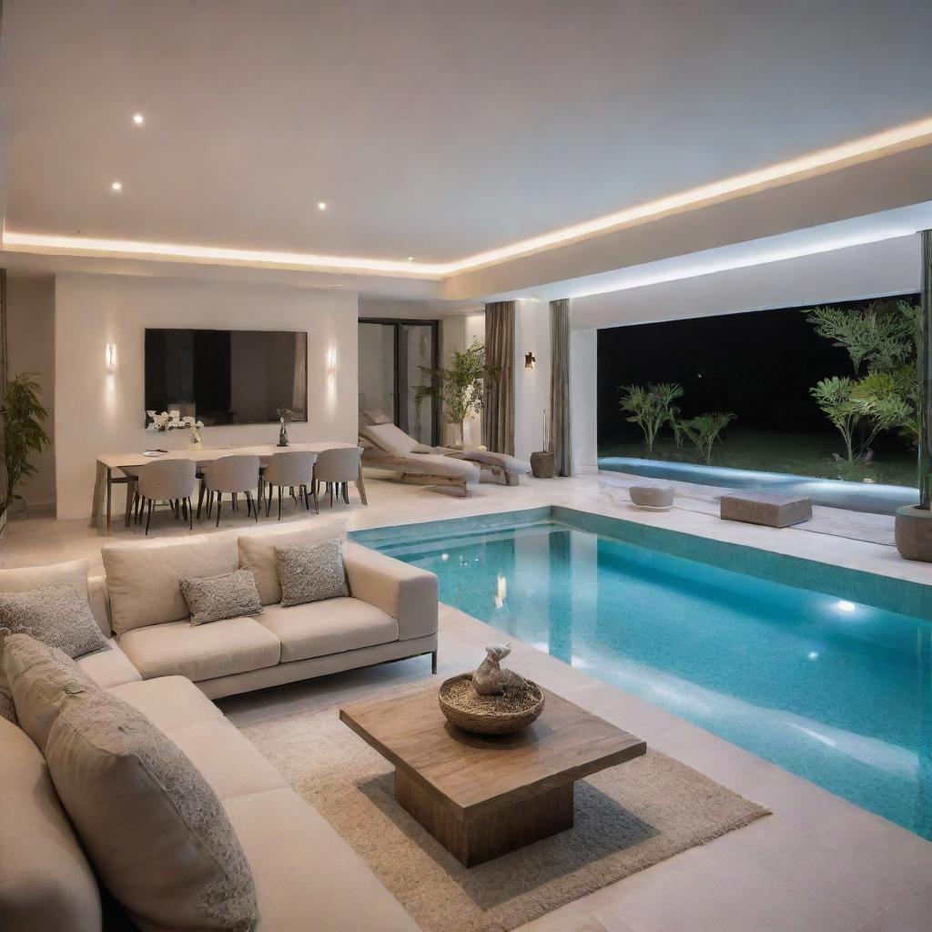 An updated modern interior of a villa living room, enriched with additional stylish accessories and ambient lighting, showcasing a close view of a serene swimming pool.