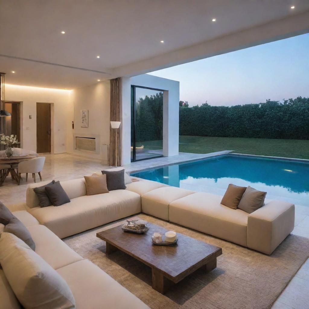 An updated modern interior of a villa living room, enriched with additional stylish accessories and ambient lighting, showcasing a close view of a serene swimming pool.