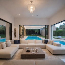 An updated modern interior of a villa living room, enriched with additional stylish accessories and ambient lighting, showcasing a close view of a serene swimming pool.