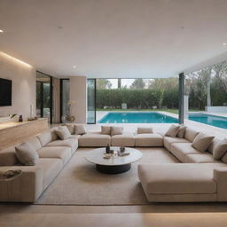 An updated modern interior of a villa living room, enriched with additional stylish accessories and ambient lighting, showcasing a close view of a serene swimming pool.