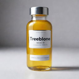 A realistic, transparent glass bottle of trenbolone with white label, stainless steel cap, and displayed on a semi-glossy surface