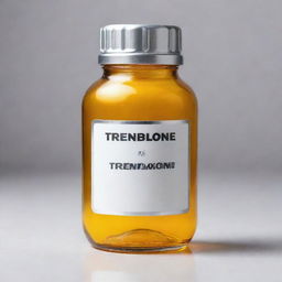 A realistic, transparent glass bottle of trenbolone with white label, stainless steel cap, and displayed on a semi-glossy surface