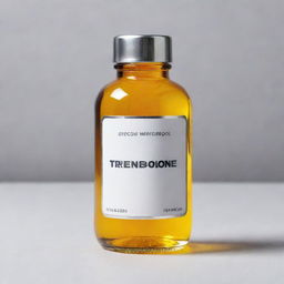 A realistic, transparent glass bottle of trenbolone with white label, stainless steel cap, and displayed on a semi-glossy surface