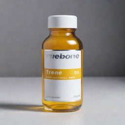 A realistic, transparent glass bottle of trenbolone with white label, stainless steel cap, and displayed on a semi-glossy surface
