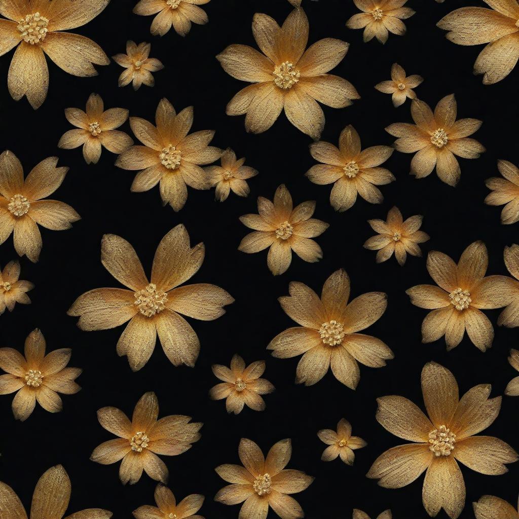 An unrealistic gold pattern of glittering flowers on a black background