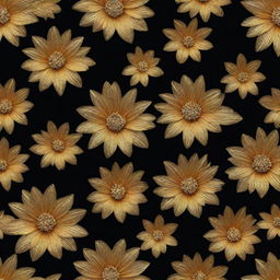 An unrealistic gold pattern of glittering flowers on a black background