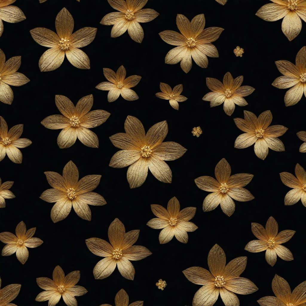 An unrealistic gold pattern of glittering flowers on a black background