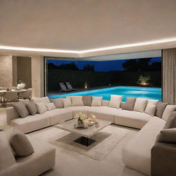 A modern interior view of a villa's living room, enhanced with additional chic accessories and illuminating lighting, offering a close view of a tranquil swimming pool.