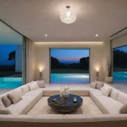 A modern interior view of a villa's living room, enhanced with additional chic accessories and illuminating lighting, offering a close view of a tranquil swimming pool.