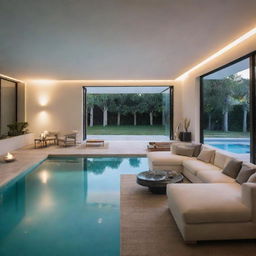 A modern interior view of a villa's living room, enhanced with additional chic accessories and illuminating lighting, offering a close view of a tranquil swimming pool.