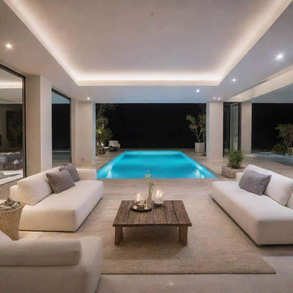 A modern interior view of a villa's living room, enhanced with additional chic accessories and illuminating lighting, offering a close view of a tranquil swimming pool.