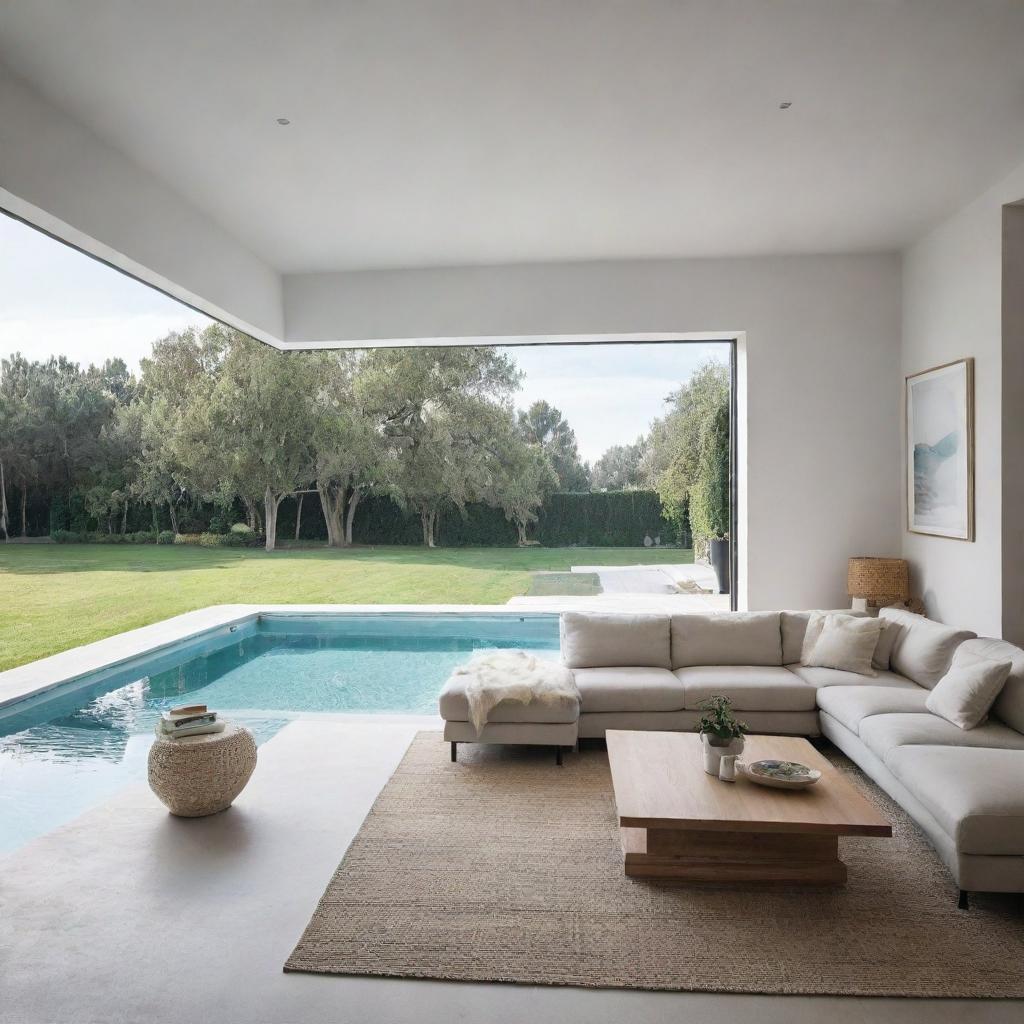 A modern, Scandinavian-inspired interior of a villa's living room, enhanced with additional unique accessories, bright lighting, and a near view of a calming swimming pool.