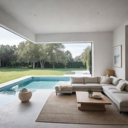 A modern, Scandinavian-inspired interior of a villa's living room, enhanced with additional unique accessories, bright lighting, and a near view of a calming swimming pool.