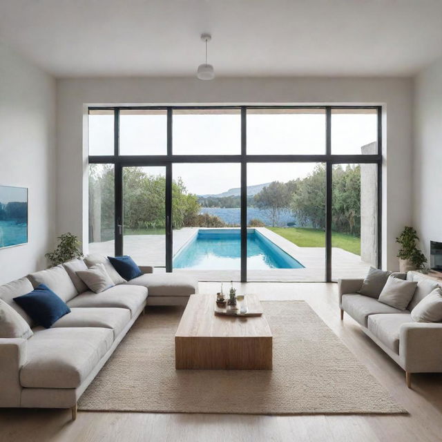 A modern, Scandinavian-inspired interior of a villa's living room, enhanced with additional unique accessories, bright lighting, and a near view of a calming swimming pool.