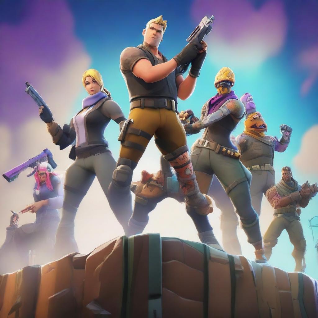 A high-quality digital art featuring vibrant characters engaged in a thrilling battle, all set in the unique and colorful world of Fortnite