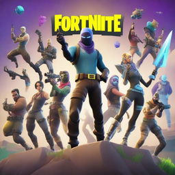 A high-quality digital art featuring vibrant characters engaged in a thrilling battle, all set in the unique and colorful world of Fortnite