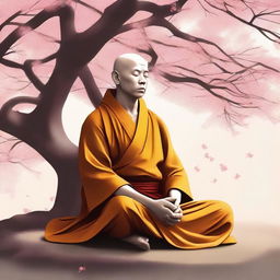 This is a high-quality digital art image featuring a serene monk in meditation