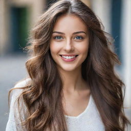 A portrait of a beautiful girl with expressive eyes, flowing hair, and a radiant smile, dressed in a stylish outfit.