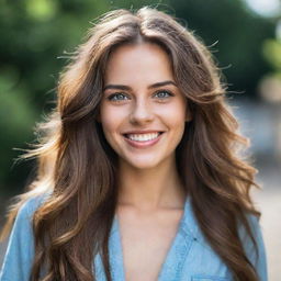 A portrait of a beautiful girl with expressive eyes, flowing hair, and a radiant smile, dressed in a stylish outfit.