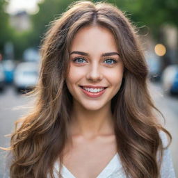 A portrait of a beautiful girl with expressive eyes, flowing hair, and a radiant smile, dressed in a stylish outfit.