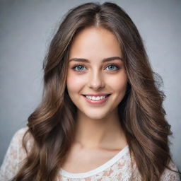 A portrait of a beautiful girl with expressive eyes, flowing hair, and a radiant smile, dressed in a stylish outfit.