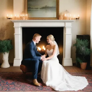 The couple cuddled by the fireplace, enjoying the het ambiance.