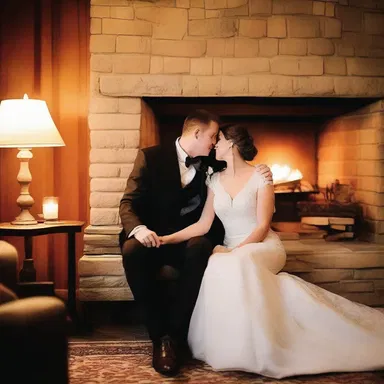The couple cuddled by the fireplace, enjoying the het ambiance.