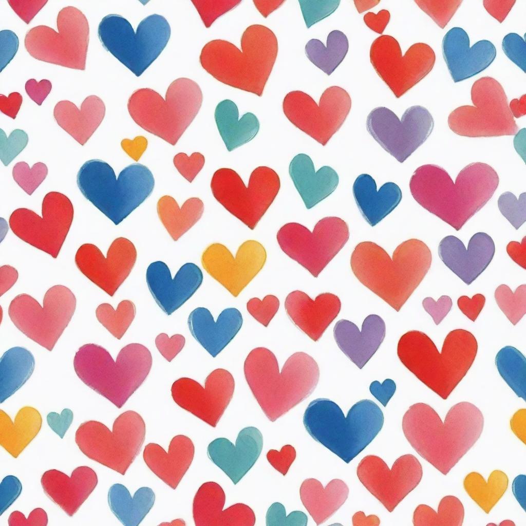 A pattern of colorful heart-shaped brush strokes on a white background