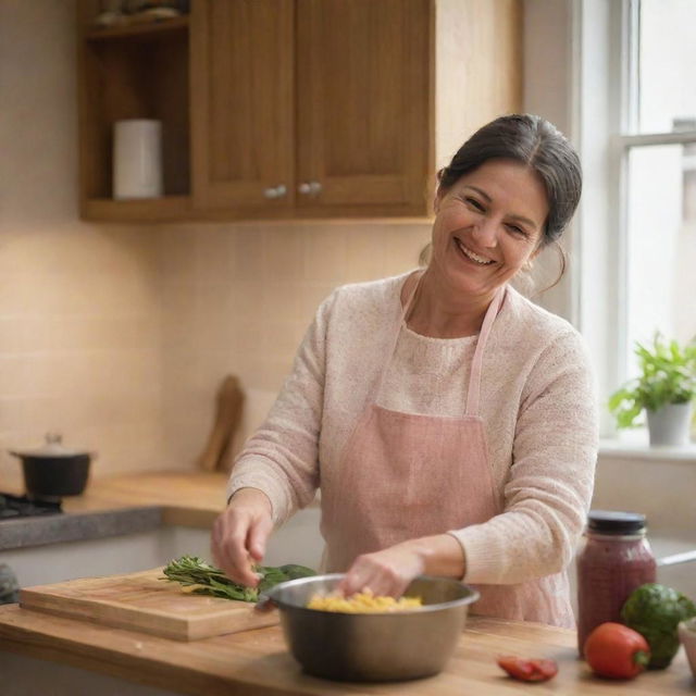 A warm-hearted image of a mother in a well-lit, homely kitchen, preparing a meal with love and a smile on her face.