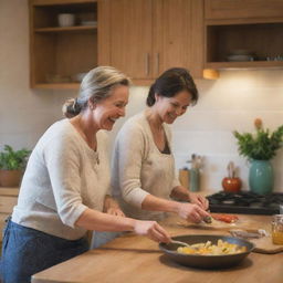 A warm-hearted image of a mother in a well-lit, homely kitchen, preparing a meal with love and a smile on her face.