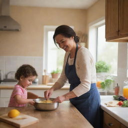 A warm-hearted image of a mother in a well-lit, homely kitchen, preparing a meal with love and a smile on her face.