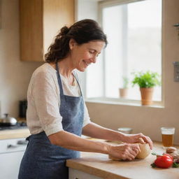 A warm-hearted image of a mother in a well-lit, homely kitchen, preparing a meal with love and a smile on her face.