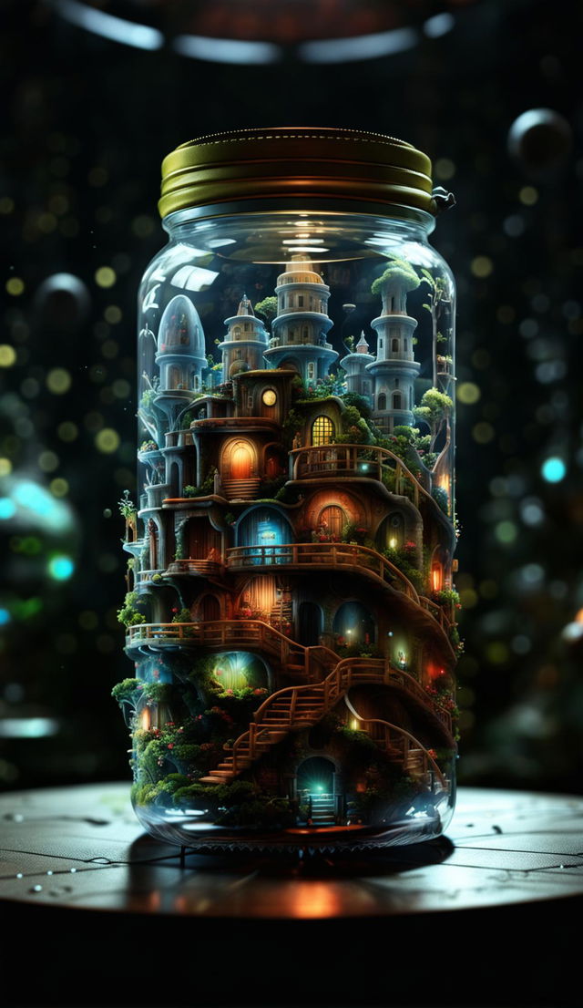 A tiny, intricate world inside a transparent jar on a table under cinematic lighting, creating an eerie and mysterious mood. The design is technical and ornate with futuristic biomorphic details, rendered in photorealistic 8K resolution in the style of Moebius.