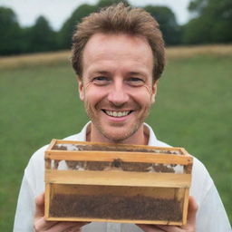 A cunning man with a distinct smile, holding a transparent box filled with lively bees