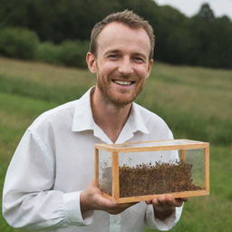 A cunning man with a distinct smile, holding a transparent box filled with lively bees