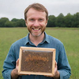 A cunning man with a distinct smile, holding a transparent box filled with lively bees