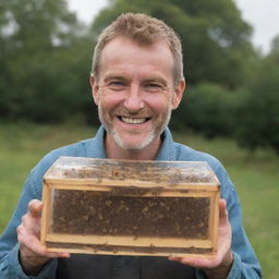 A cunning man with a distinct smile, holding a transparent box filled with lively bees