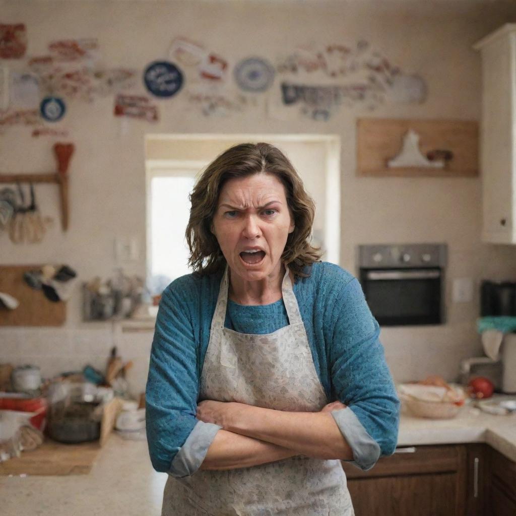 An emotionally charged image featuring a mother in her kitchen looking visibly angry or frustrated, surrounded by signs of a chaotic cooking space.