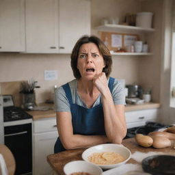 An emotionally charged image featuring a mother in her kitchen looking visibly angry or frustrated, surrounded by signs of a chaotic cooking space.