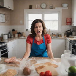 An emotionally charged image featuring a mother in her kitchen looking visibly angry or frustrated, surrounded by signs of a chaotic cooking space.