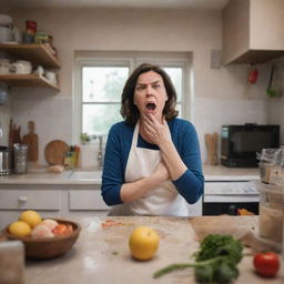 An emotionally charged image featuring a mother in her kitchen looking visibly angry or frustrated, surrounded by signs of a chaotic cooking space.