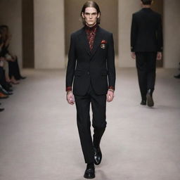 Design visually striking attire with a grim, dark aesthetic, constructed with the high-end craftsmanship and quality associated with the Gucci brand.