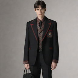 Design visually striking attire with a grim, dark aesthetic, constructed with the high-end craftsmanship and quality associated with the Gucci brand.