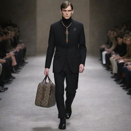 Design visually striking attire with a grim, dark aesthetic, constructed with the high-end craftsmanship and quality associated with the Gucci brand.