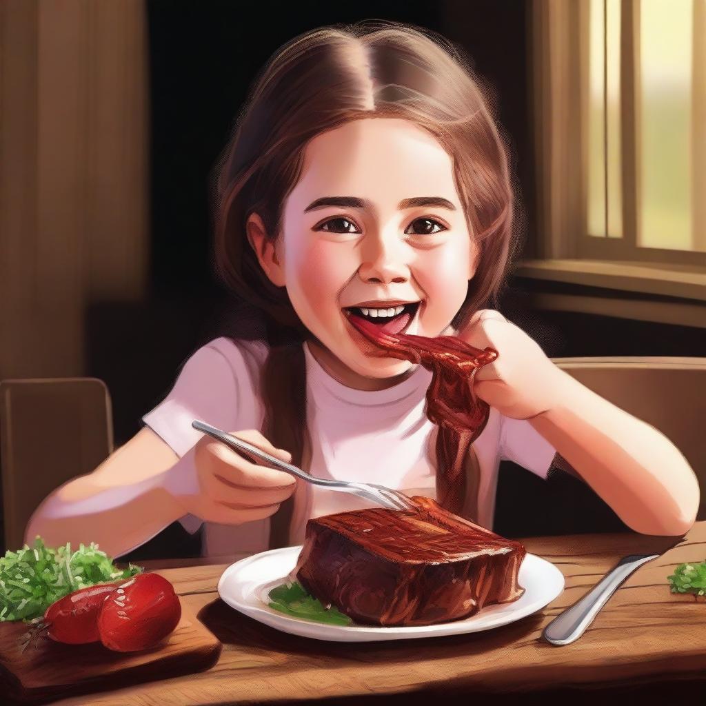 This is a high-quality digital art image depicting a girl enjoying a hearty meal of meat