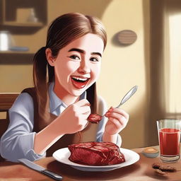 This is a high-quality digital art image depicting a girl enjoying a hearty meal of meat