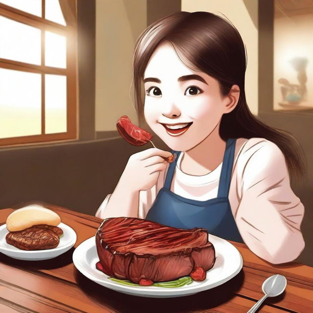 This is a high-quality digital art image depicting a girl enjoying a hearty meal of meat